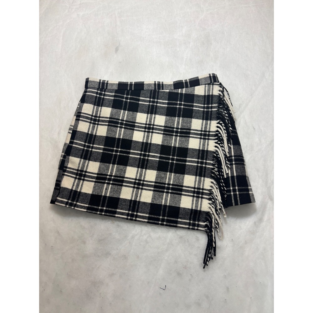 Antonio Melani Plaid Fringe Wrap Mini Skirt Black Cream Size 12 NEW